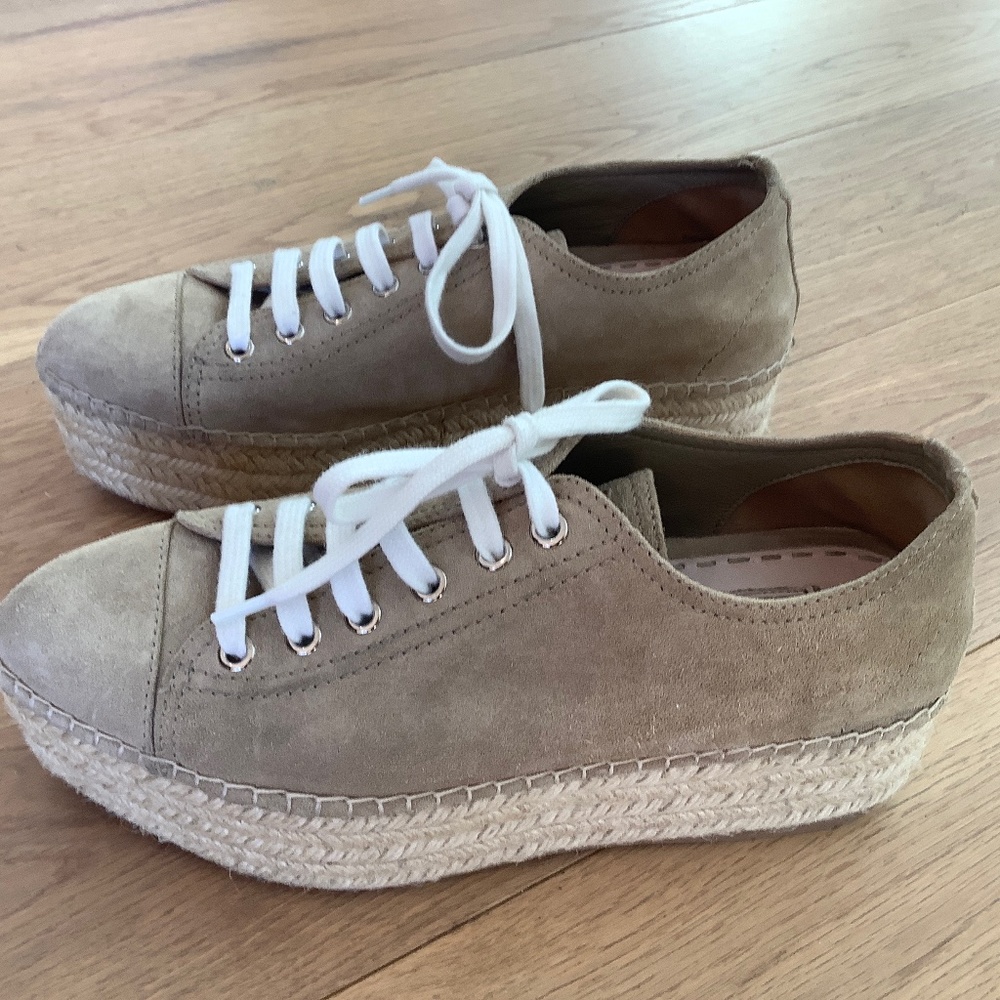 Miu Miu Beige Suede Espadrille Platform Sneakers with White Laces
